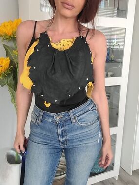 Spiked Layered Deer Skin Leather - Black & Yellow Scarf Statement Necklace